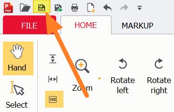 Save button highlighted in PDF Pro. An orange button is pointing to the button. 