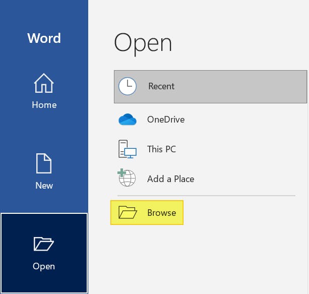 Word with the Browse button highlighted. 