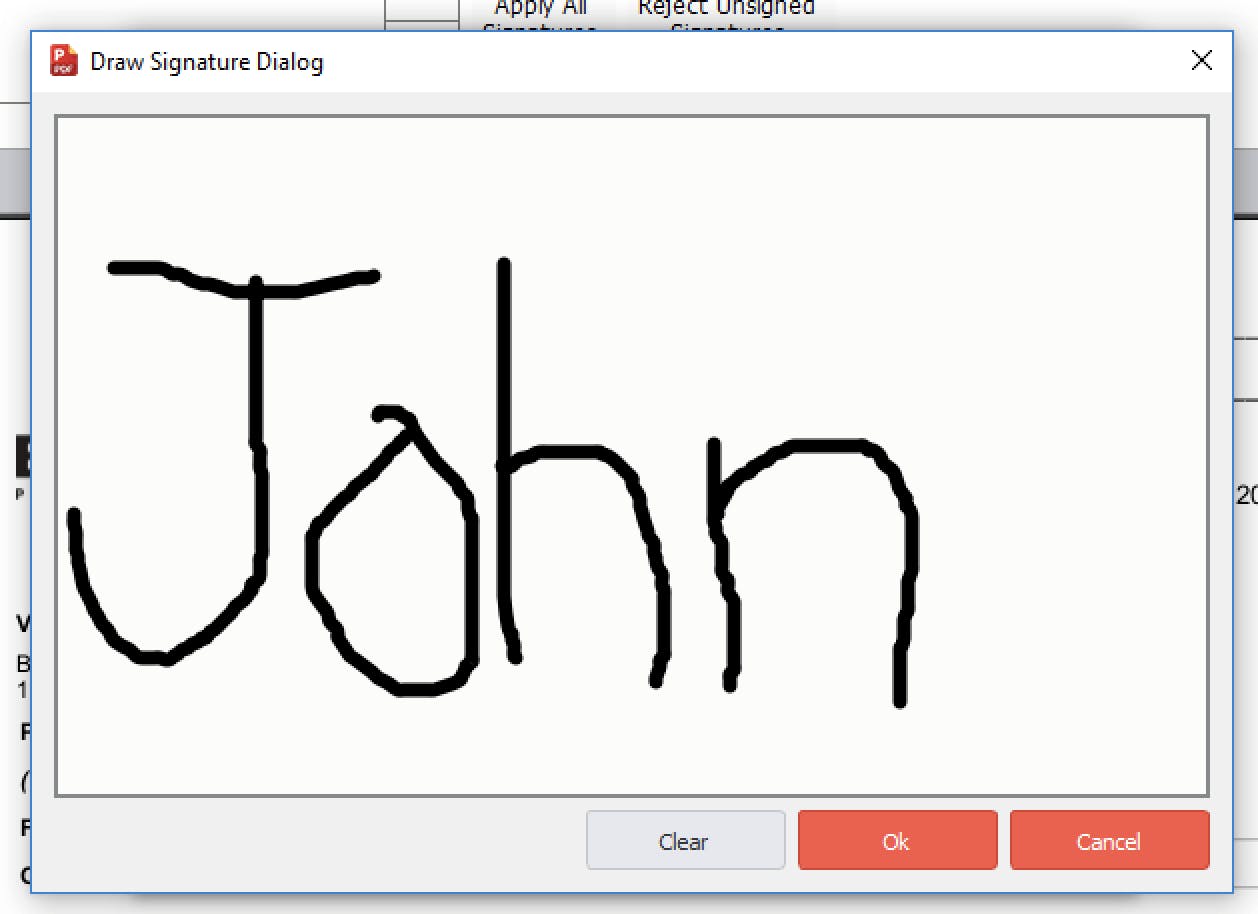Signature de "John" dans la boîte de dialogue de dessin de signature.