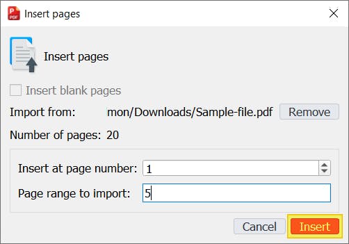 PDF Pro's Insert pages dialog box. It reads to insert Page 5 of the new PDF at Page 1 of the old PDF. The Insert button is red and highlighted. 