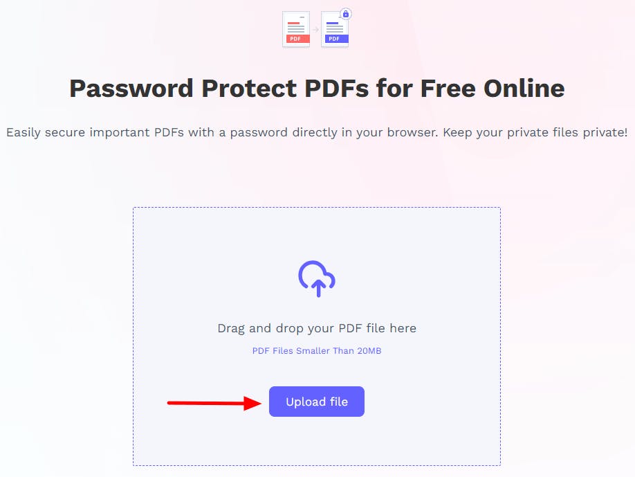 PDF Pro's online Password Protect PDF tool. There is a red arrow pointing at the Upload File button.