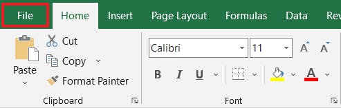 File tab in Excel with a red box around it. 