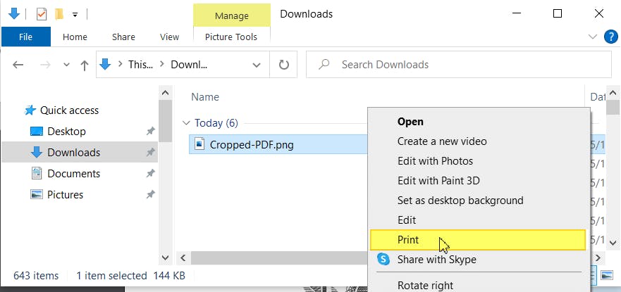 Print option highlighted in context menu in File Explorer.