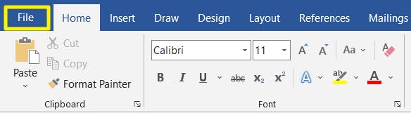 Microsoft Word File menu button highlighted with a yellow box. 