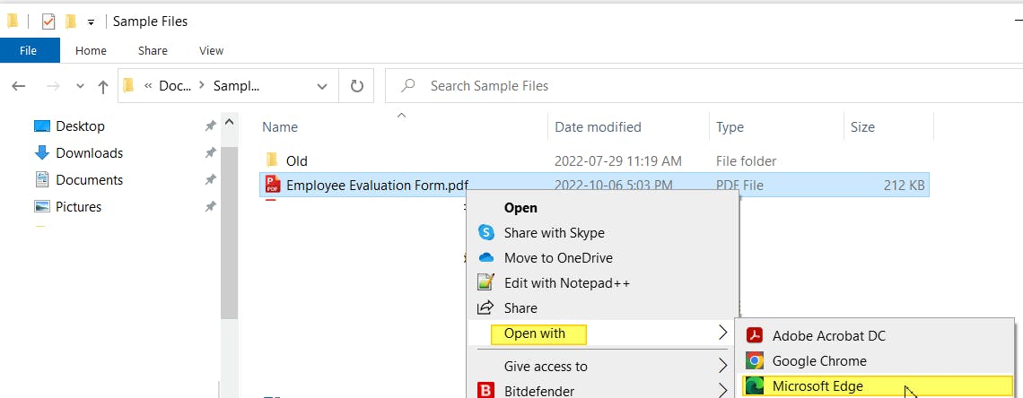 File explorer dialog box. A PDF titled "Employee Evaluation Form" is selected. The context menu is open, and the options Open with Microsoft Edge are highlighted.
