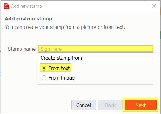 PDF Pro's Add New Stamp dialog box. The "stamp name" and "create stamp from" sections/fields are highlighted. The Next button is highlighted.  