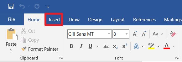 Insert tab with a red box around it in Word. 