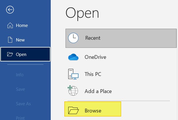 Word Open context menu. The Browse files button is highlighted. 
