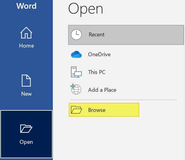 The File menu in Microsoft Word. The Browse button is highlighted. 