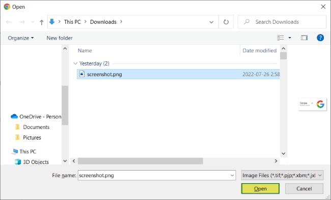 Open file dialog box with screenshot.png selected, and the Open button highlighted. 