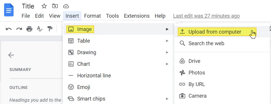 Google Docs. The Insert menu is open. Upload image from computer is highlighted. 