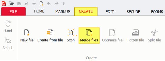 PDF Pro Create tab and Merge files buttons highlighted. 