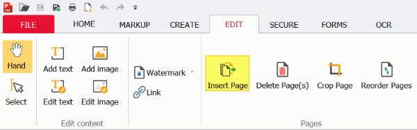 PDF Pro Insert Page button highlighted, within the Edit tab. 
