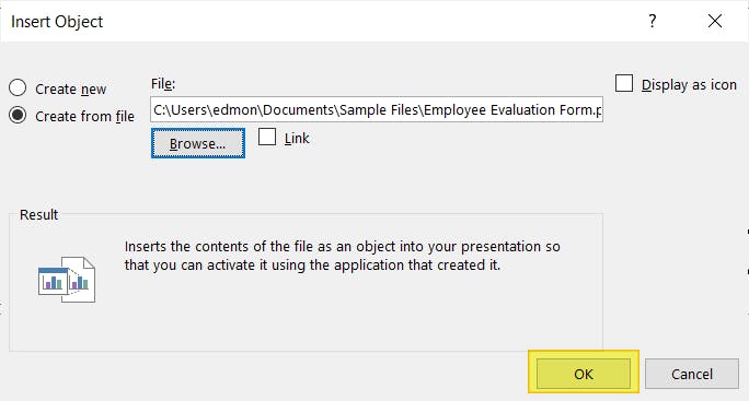 PowerPoint's Insert Object dialog box. The OK button is highlighted.