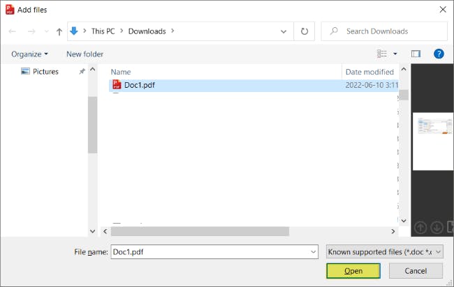 Add files dialog box. A PDF titled "Doc1" is selected. The Open button is highlighted. 