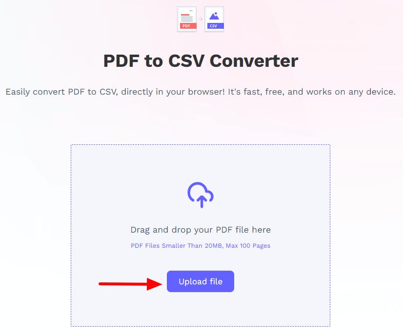 PDF Pro's PDF to CSV converter tool. There is a red arrow pointing at the Upload file. 