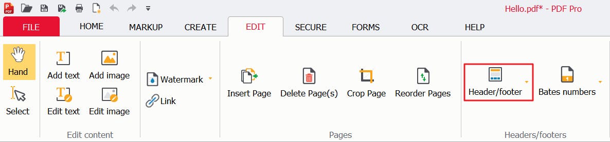 Header/footer button with a red box around it in PDF Pro.