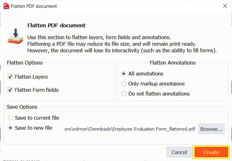 PDF Pro's "Flatten PDF document" dialog box. The Create tab is highlighted. 