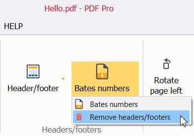 Remove headers/footers option selected from Bates numbers down caret options.