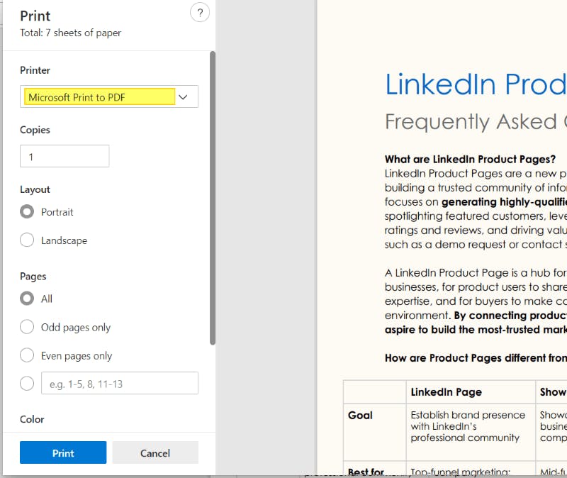 Microsoft Edge Print settings dialog box. The selected Printer from the dropdown is "Microsoft Print to PDF", which is also highlighted. 