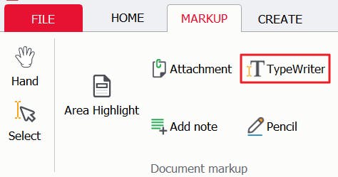 TypeWriter tool highlighted in with a red box in the Markup tab of PDF Pro.