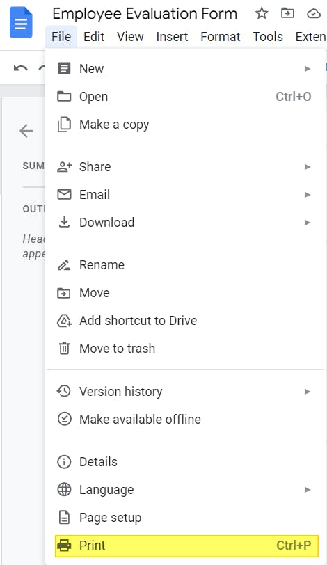 Google Docs File context menu. The Print option is highlighted.