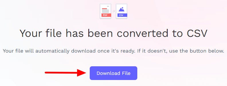 PDF Pro's PDF to CSV converter tool. There is a red arrow pointing at the Download file button. 