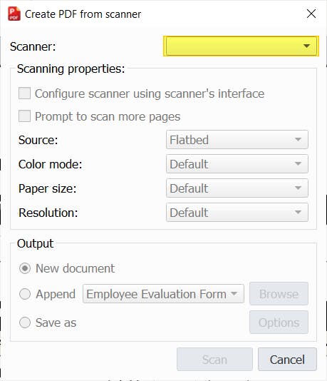 PDF Pro's Create PDF from Scanner dialog box. The Scanner dropdown field is highlighted. 