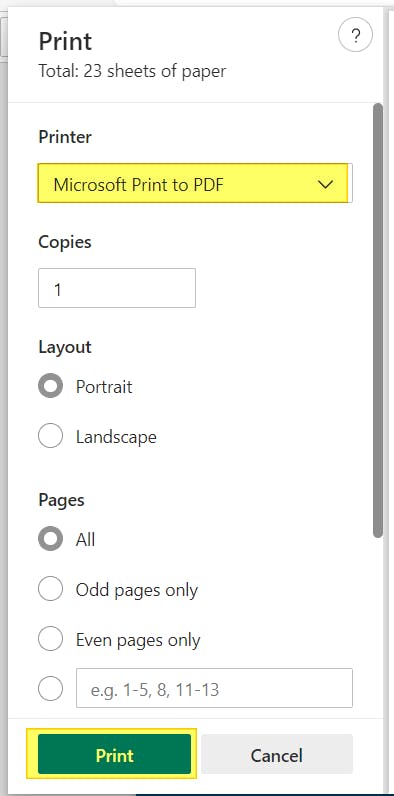 Print dialog box. Printer is set to Microsoft Print to PDF; this field and the Print button are highlighted. 