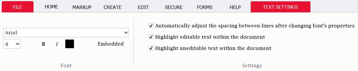 Text Settings tab in PDF Pro.
