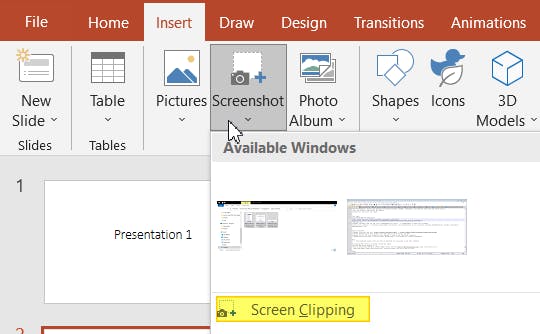 PowerPoint's Insert Screenshot button dropdown. The Screen clipping button is highlighted.
