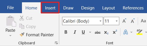 Microsoft Word Insert tab with a red box around it. 