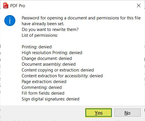 PFD Pro password and restrictions information dialog box. The Yes button is highlighted. 