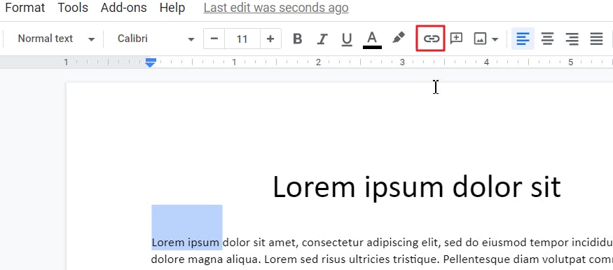 A Google Docs document with the Insert Hyperlink button highlighted with a red box around it. 