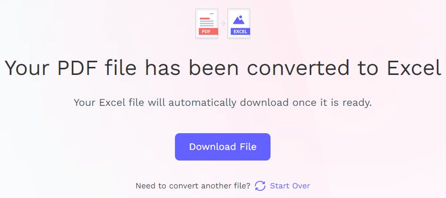 PDF Pro's online PDF to Excel converter after the conversion. A message says "Your PFD file has been converted to Excel"