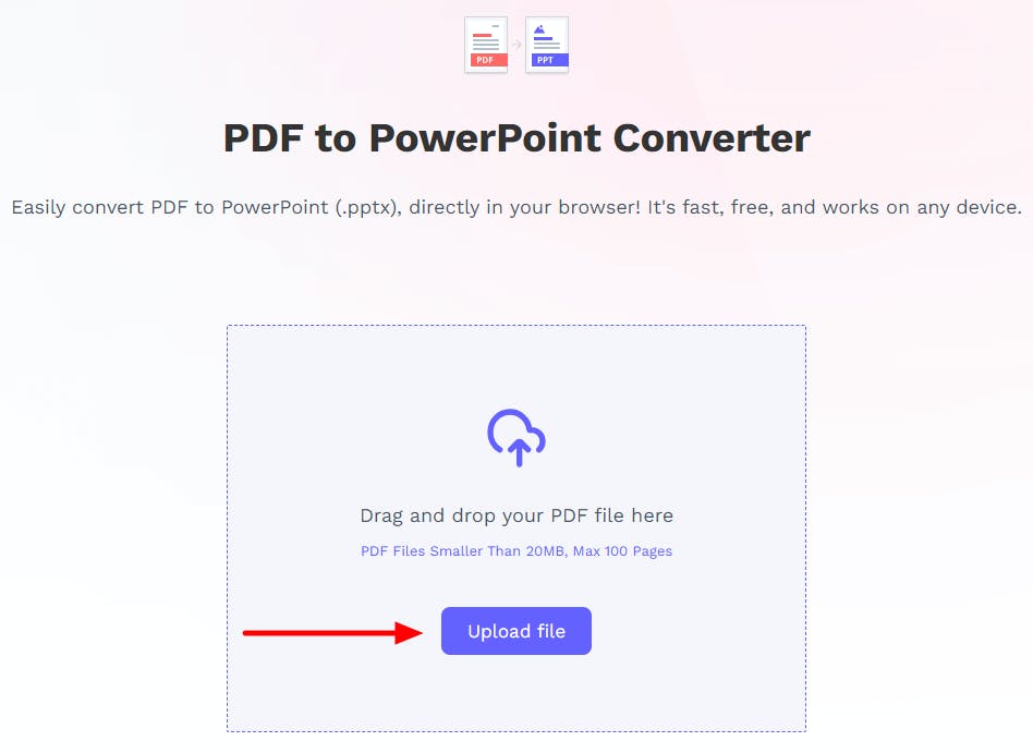 PDF Pro's online PDF to PowerPoint converter. There is a red arrow pointing to the Upload file button.