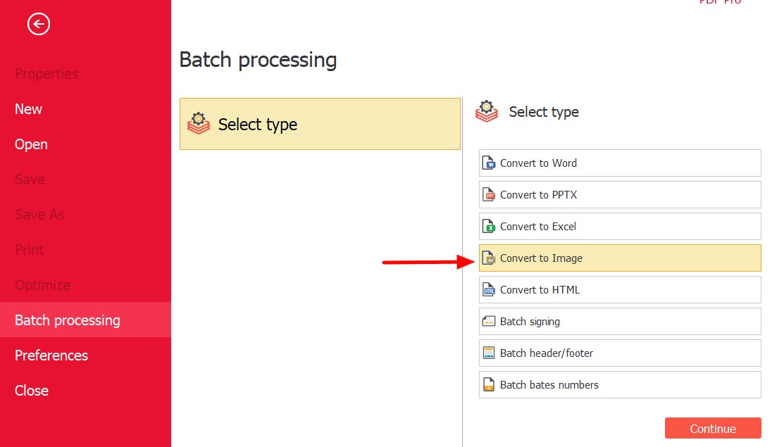 PDF Pro's Batch processing options. The "Convert to Image" button is selected, and has a red arrow pointed at it.