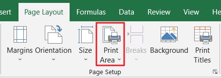 Print Area button in Excel with red box around it.