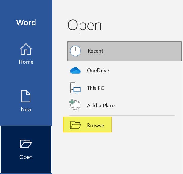 Word menu screen with the Browse button highlighted. 