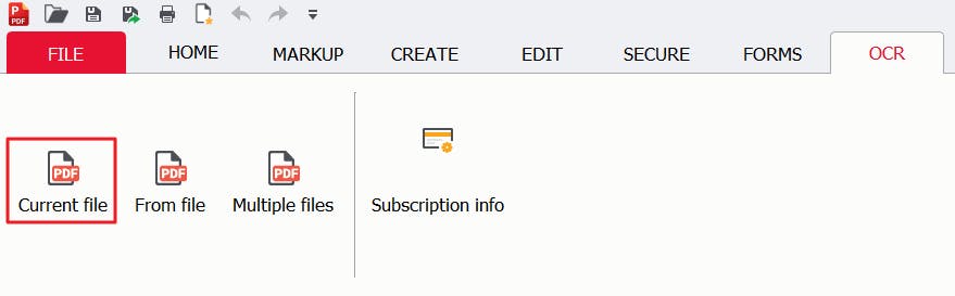 OCR Current file button with a red box around it in PDF Pro.