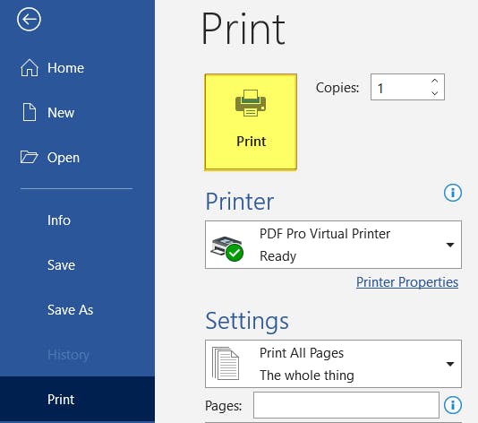 Print button highlighted in Word. 