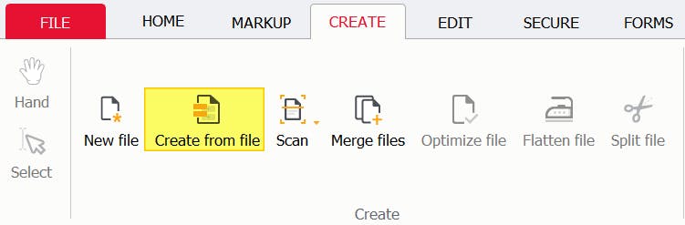 Create from file button highlighted in PDF Pro.