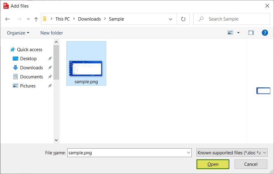 Add files dialog box with sample file selected, and the Open button highlighted. 