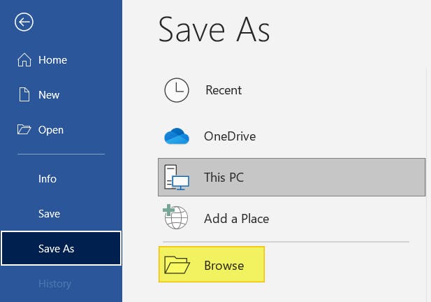 Microsoft Word's Save As menu option. The Browse files button is highlighted. 