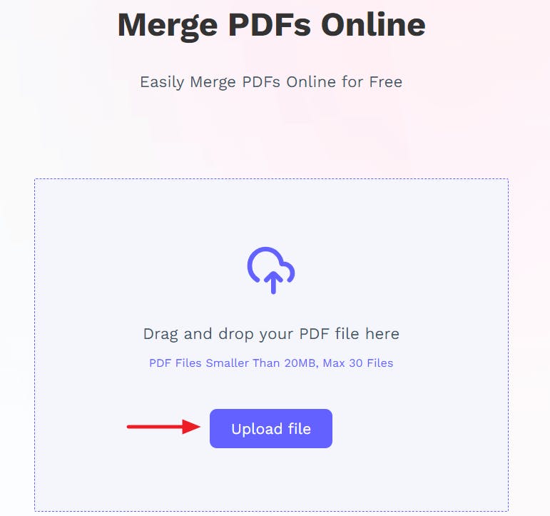 Screenshot of PDF Pro's online Merge tool. A red arrow is pointing at the Upload button. 