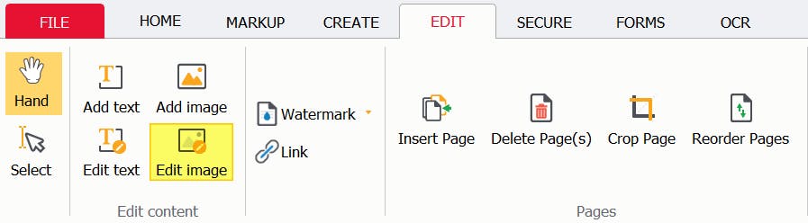 PDF Pro's Edit tab. The Edit Image button is highlighted. 