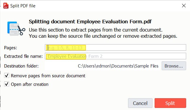 PDF Pro's Split PDF file dialog box. The Pages and Name fields are highlighted. 