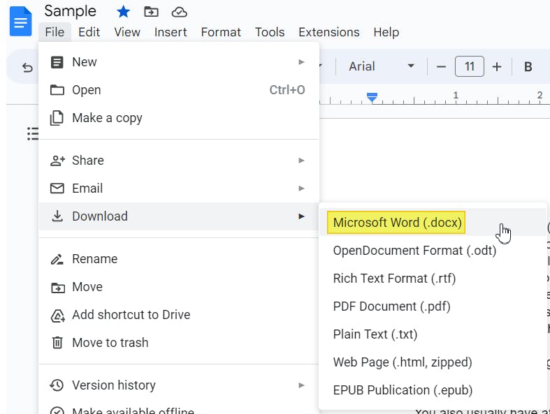 Google Drive file menu. The Download as Microsoft Word (.docx) selection is highlighted.