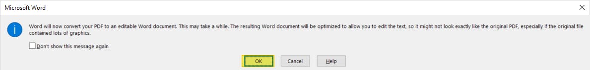 OK button highlighted in Microsoft Word dialog box during conversion to PDF.