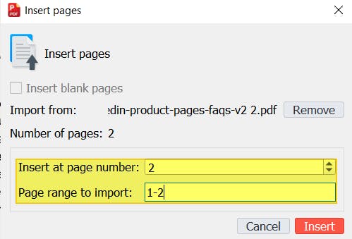 Insert Pages dialog box in PDF Pro. The "insert at page number" and "Page range to import" fields are highlighted. 